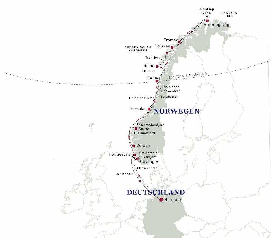 Hurtigruten Nordkap Linie ab Hamburg Route Sommer